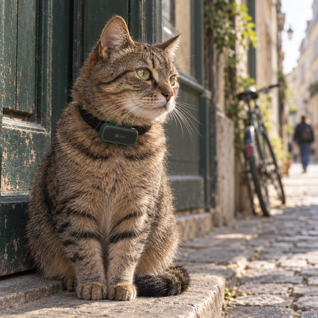 Chat portant le traceur GPS Lupsy P5 sur son collier dans un jardin